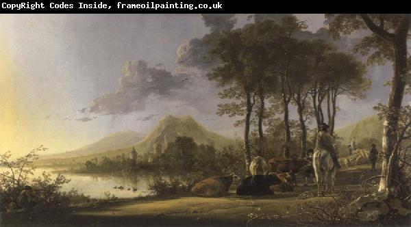Aelbert Cuyp river landscape with horsemen and peasants